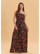 Thin Strap Waist Tie Black Floral Dress 4549